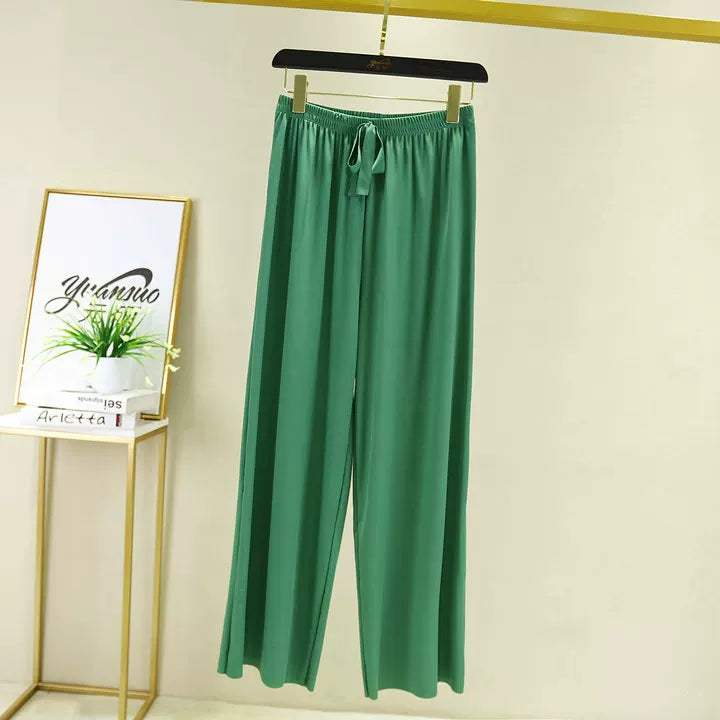 Korean style high waist drawstring lace-up ice silk seamless straight slimming wide-leg pants summer thin draping casual trousers
