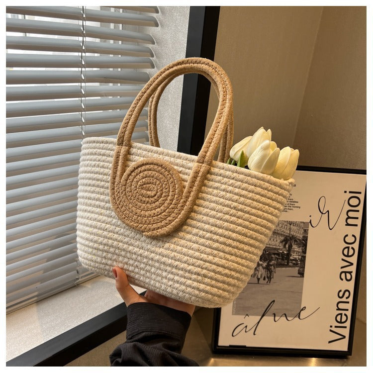 Contrast Cotton Rope Woven Handbag Women's Bag Korean Style Bag New Large Capacity Stylisse Handbag All-match Tote Bag