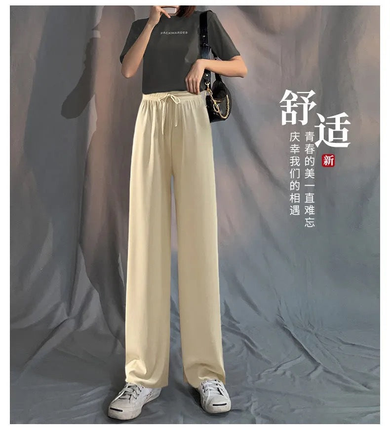 2026 Thin Ice Silk Wide-Leg Pants for Women, Summer Student Korean Style, Drapey Loose Fit, Versatile High-Waisted Elastic Thin Straight-Leg Pants