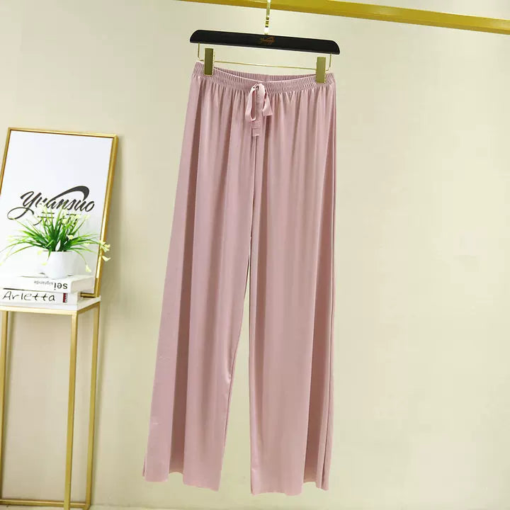 Korean style high waist drawstring lace-up ice silk seamless straight slimming wide-leg pants summer thin draping casual trousers