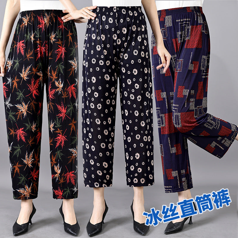 Cross-Border Popular Summer Women's Ice Silk Pants for Middle-Aged and Elderly, Loose Casual Home Pants, Elastic Plus-Size Pants for Square Dancing
