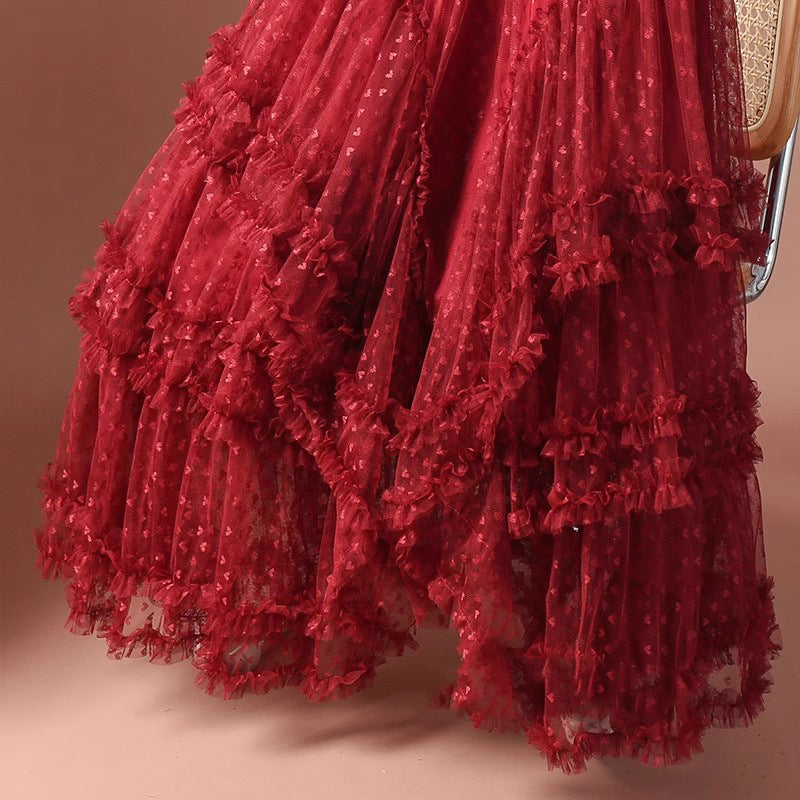 2026 Mesh Heart Printed Skirt Women Elastic High Waist Skirt Elegant Tulle A Line Ruffle Party Skirt Long Summer Saia Feminina