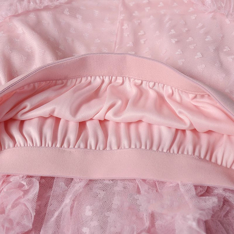 2026 Mesh Heart Printed Skirt Women Elastic High Waist Skirt Elegant Tulle A Line Ruffle Party Skirt Long Summer Saia Feminina