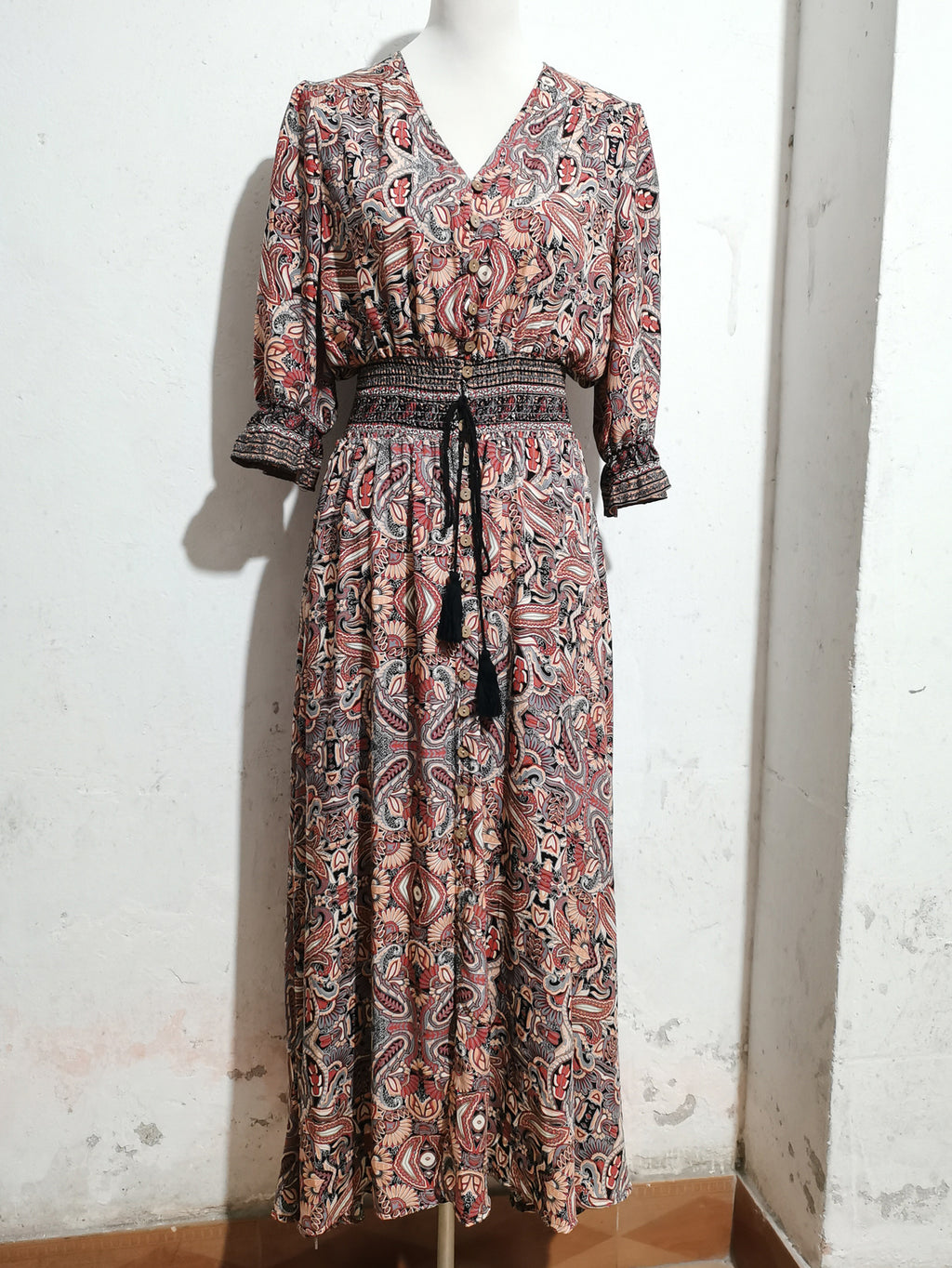 2025 Rayon Positioning Printed Three-Quarter Sleeve Waist Bohemian Women's Dress Vacation Buttoned Beach Skirt