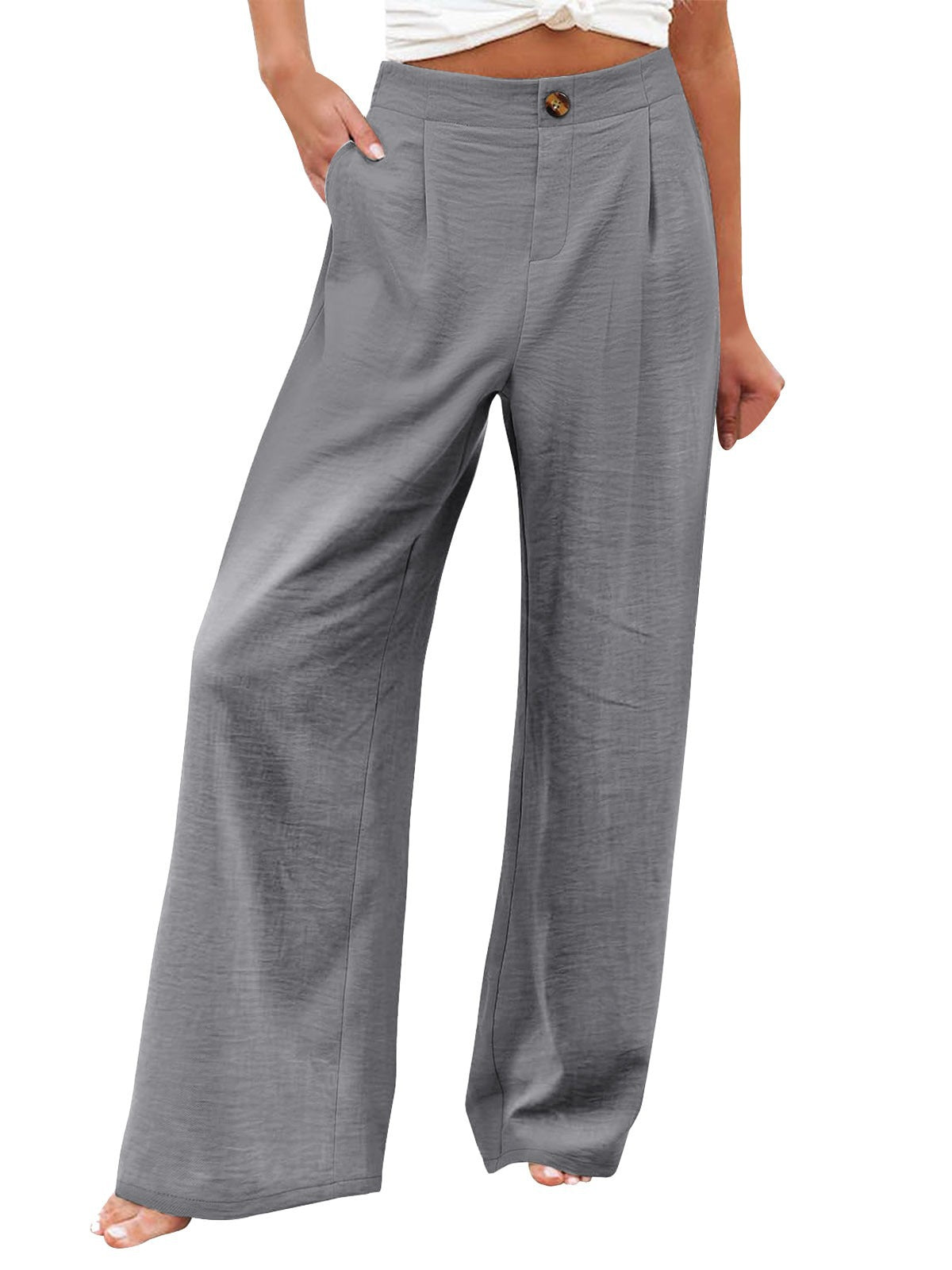 2026 Cross-Border Amazon European and American Summer Comfortable High-Waisted Long Pants with Buttons and Elastic Waist Wide-Leg Pants for Women Casual Straight-Leg Pants