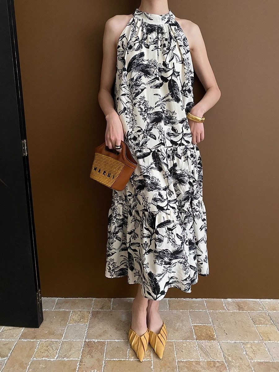 French Ink Print Sling dress Summer 2024 New Elegant Cool Beach Seaside Holiday Midi Dress