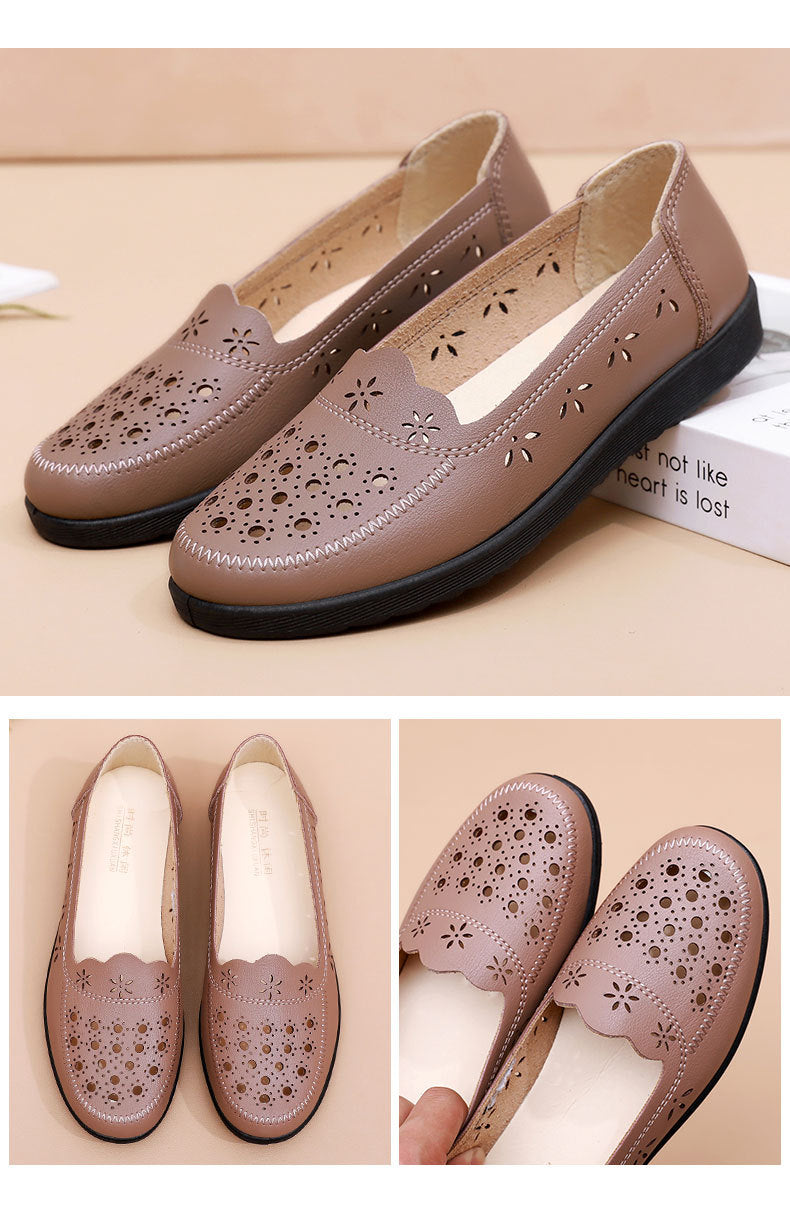Spring Mom Shoes Sandals Soft Sole Comfortable Flats Hole Hollow Flats Shoes Middle-Aged and Elderly Women's Shoes Elderly Grandma Leather Shoes