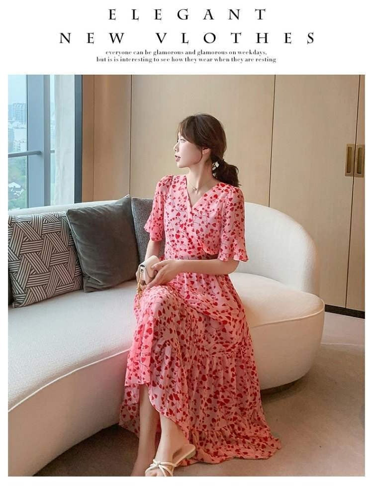 2024 Summer dress Summer plus size Women's New Loose Slimming Belly Covering Plus Weight Plus Chiffon Long Dress All-match