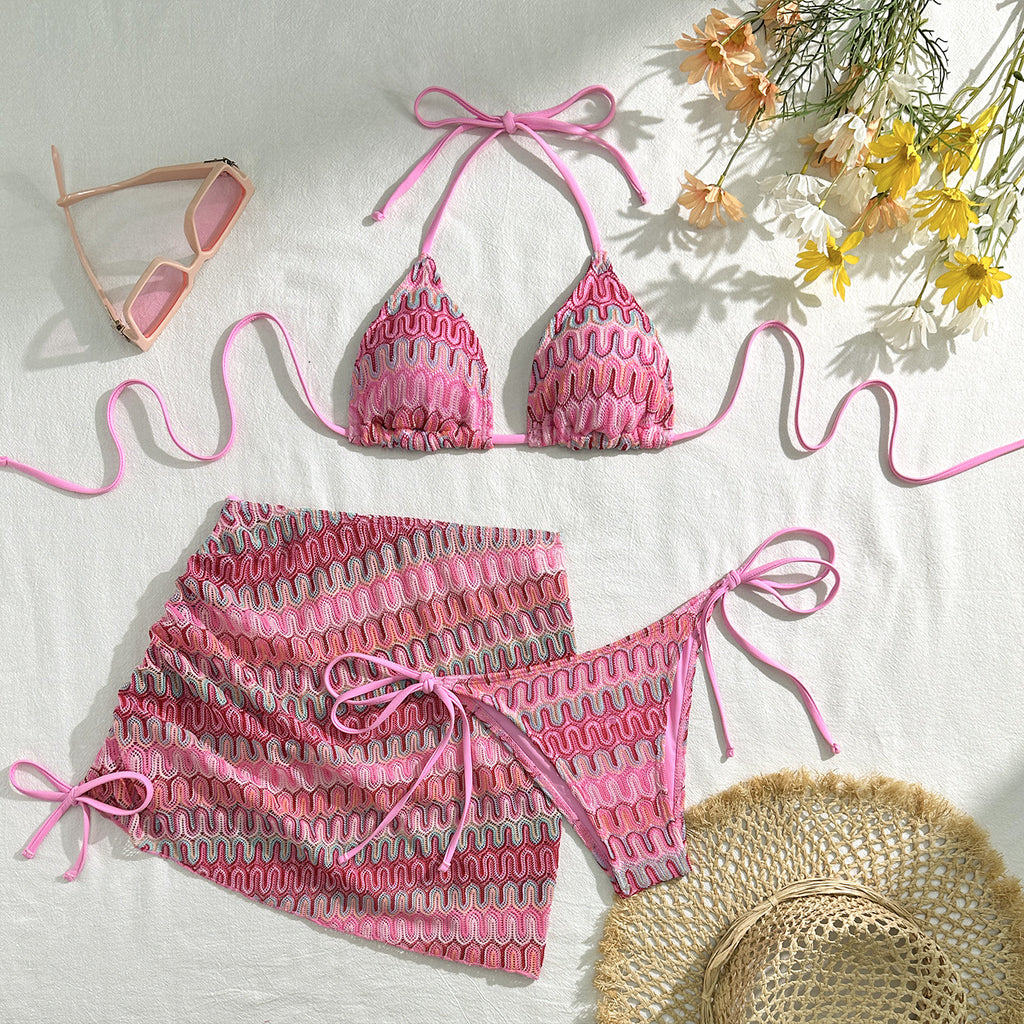 2025 European and American New Embroidered Gradient Sexy Three-Piece Swimsuit Swimsuit Bikini Bikini Cross-Border Export