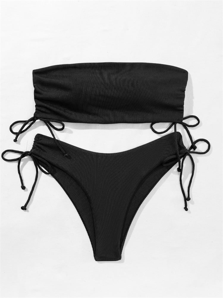 European and American Tube Top Bikini Swimsuit for Women 2024 New Pure Color Sexy Huludao Swimsuit Split Swimsuit High-End