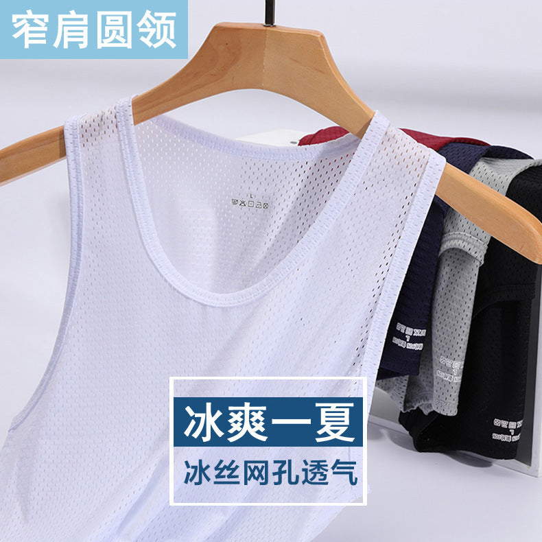 Summer ice silk mesh vest men's sports fitness quick-drying hollow undershirt wide shoulder waistcoat sleeveless T-shirt wholesale