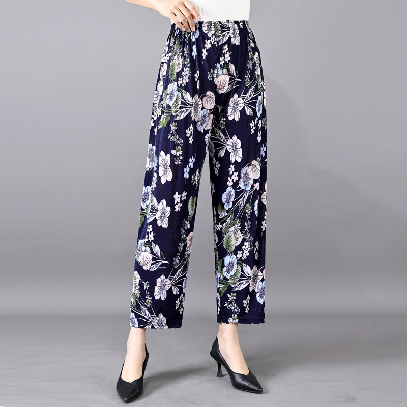Cross-Border Popular Summer Women's Ice Silk Pants for Middle-Aged and Elderly, Loose Casual Home Pants, Elastic Plus-Size Pants for Square Dancing