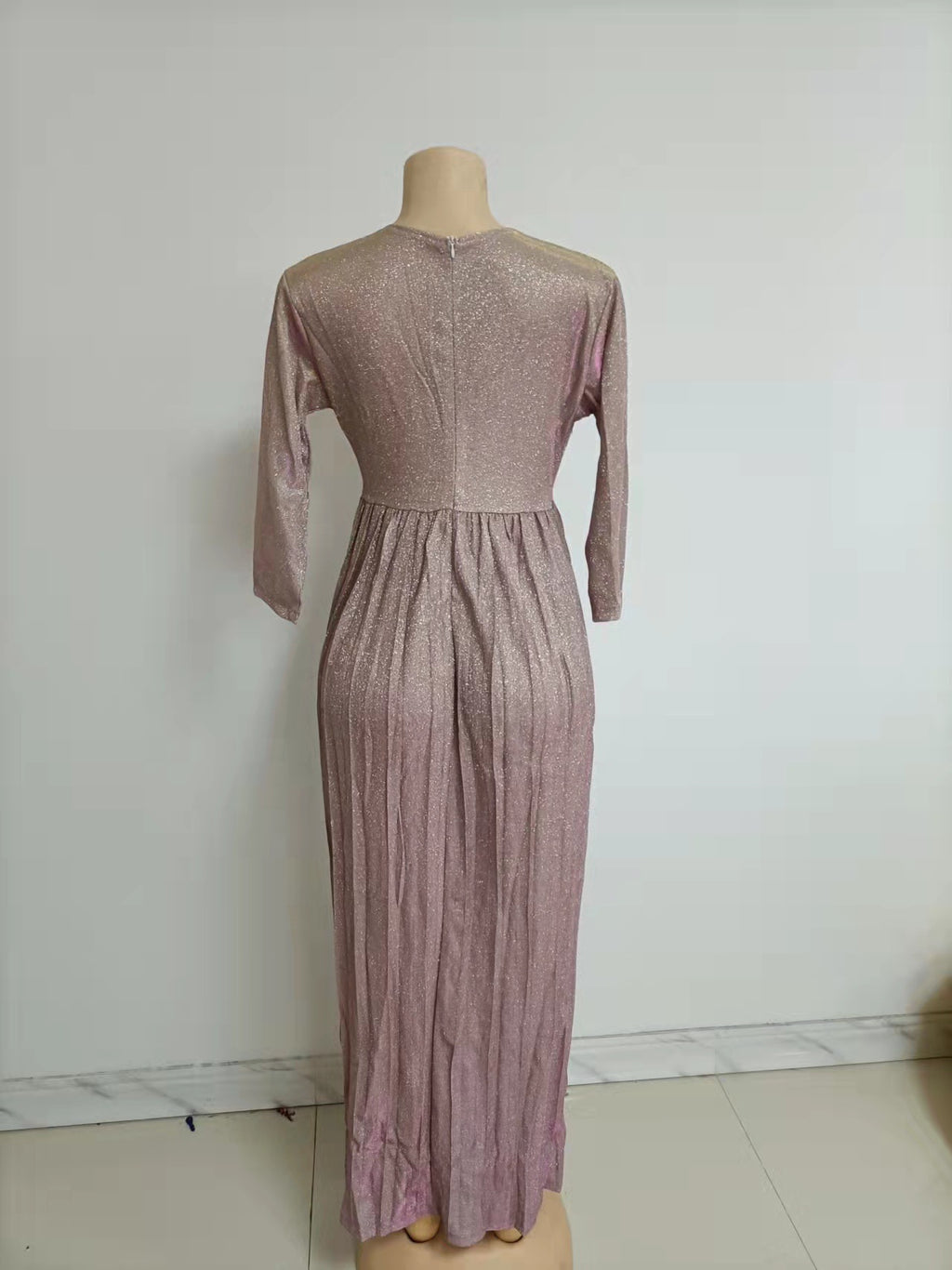 2025 Winter Cross-Border European and American African Women's Fashionable Long-Sleeved Bronzing Pleated Skirt with Belt Glitter Fabric