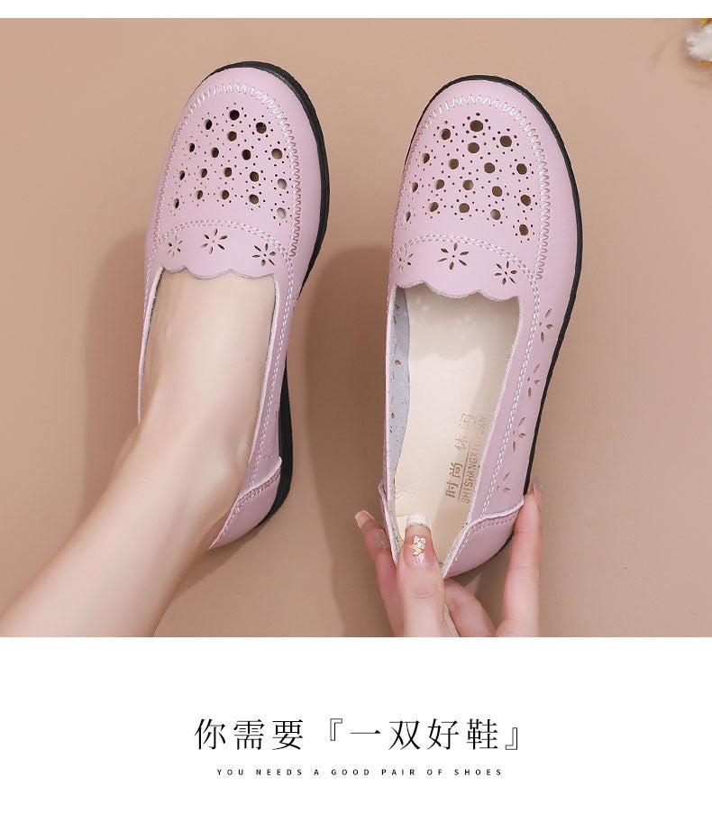 Spring Mom Shoes Sandals Soft Sole Comfortable Flats Hole Hollow Flats Shoes Middle-Aged and Elderly Women's Shoes Elderly Grandma Leather Shoes