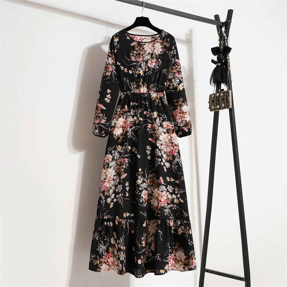 Cross-border Foreign Trade Floral Chiffon Long Dress Women's Spring Dress Long Sleeve Crewneck Base Skirt Waist Slim Long Dress