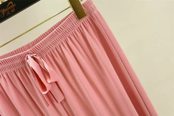 Korean style high waist drawstring lace-up ice silk seamless straight slimming wide-leg pants summer thin draping casual trousers
