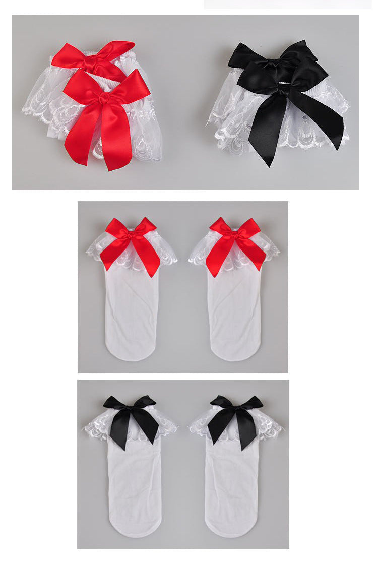 Summer Lace Bow Low-barred Silk Stockings Short Socks for Pretty Girls Student Socks Velvet Medium-thick Short-barred Socks for Women