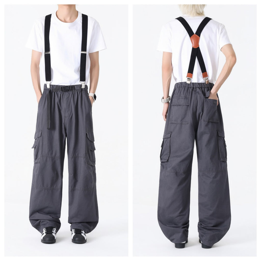 Spring and Autumn Men's Multi-Bag Pants for Chubby Casual Chubby Cotton Overalls with Fat plus size Wide Legs and Loose Waist Loose Long Pants