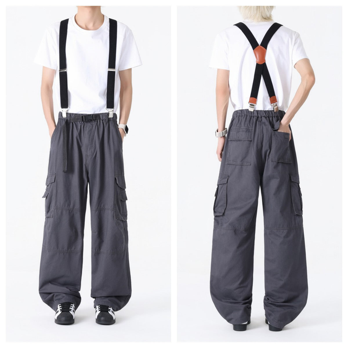 Spring and Autumn Men's Multi-Bag Pants for Chubby Casual Chubby Cotton Overalls with Fat plus size Wide Legs and Loose Waist Loose Long Pants