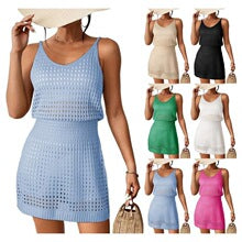 Cross-border European and American Sexy Hollow Strap Long Dress Slim-fit Tassel Beach Dress Sleeveless Knitted V-neck Strap Dress