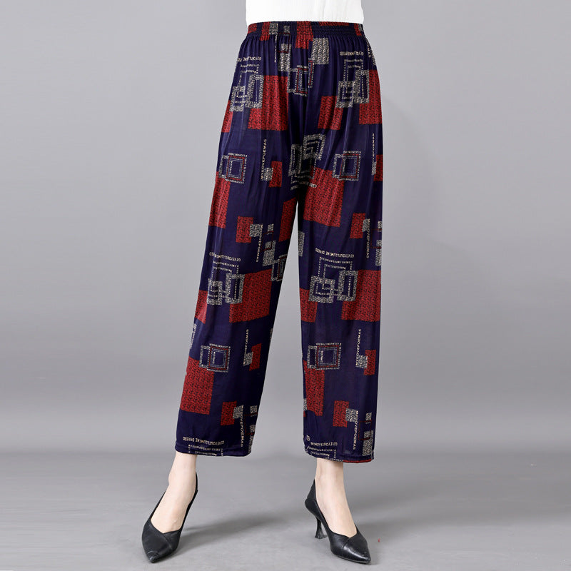 Cross-Border Popular Summer Women's Ice Silk Pants for Middle-Aged and Elderly, Loose Casual Home Pants, Elastic Plus-Size Pants for Square Dancing