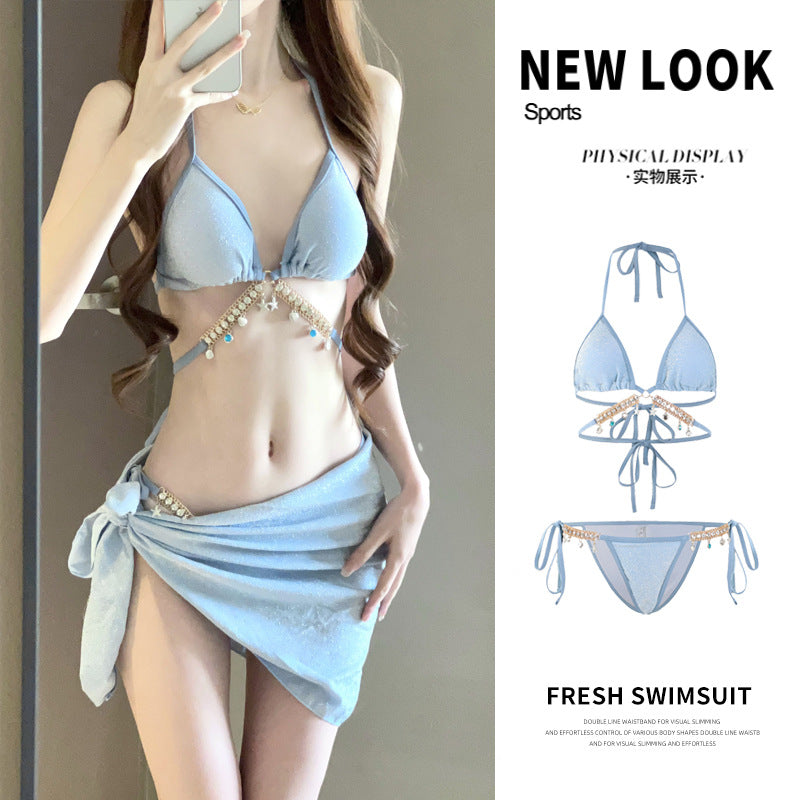 Swimsuit Female Mermaid Diamond Chain European and American Pure Lust Style Strap Triangle Bikini Three-Point Ins Sexy Vacation Swimsuit