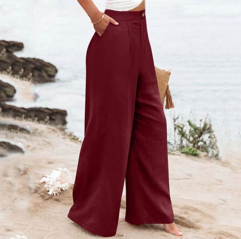 2026 Cross-Border Amazon European and American Summer Comfortable High-Waisted Long Pants with Buttons and Elastic Waist Wide-Leg Pants for Women Casual Straight-Leg Pants