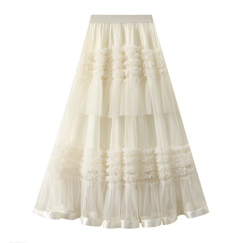 2025 Summer Floor-length Pleated Skirt Women Long Maxi Tulle Skirt for Women High Waist Vintage Mesh Cake Skirt Female