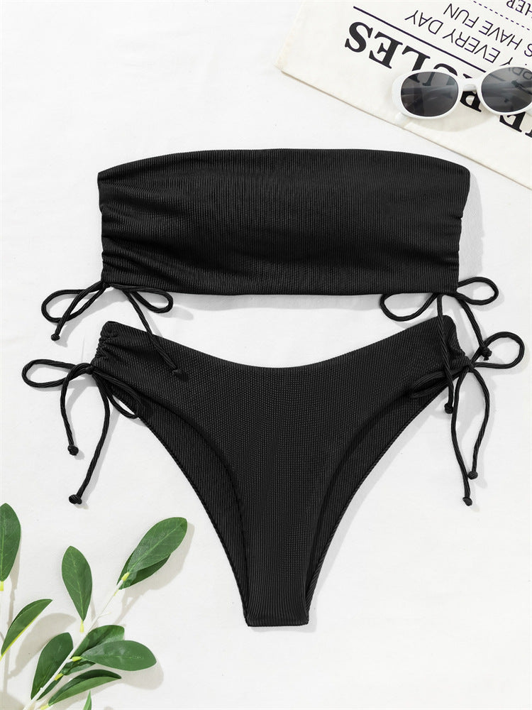 European and American Tube Top Bikini Swimsuit for Women 2024 New Pure Color Sexy Huludao Swimsuit Split Swimsuit High-End