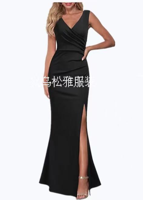 2024 Cross-Border Women's Sleeveless V Neck Slit Evening Dress Cocktail Party Dress