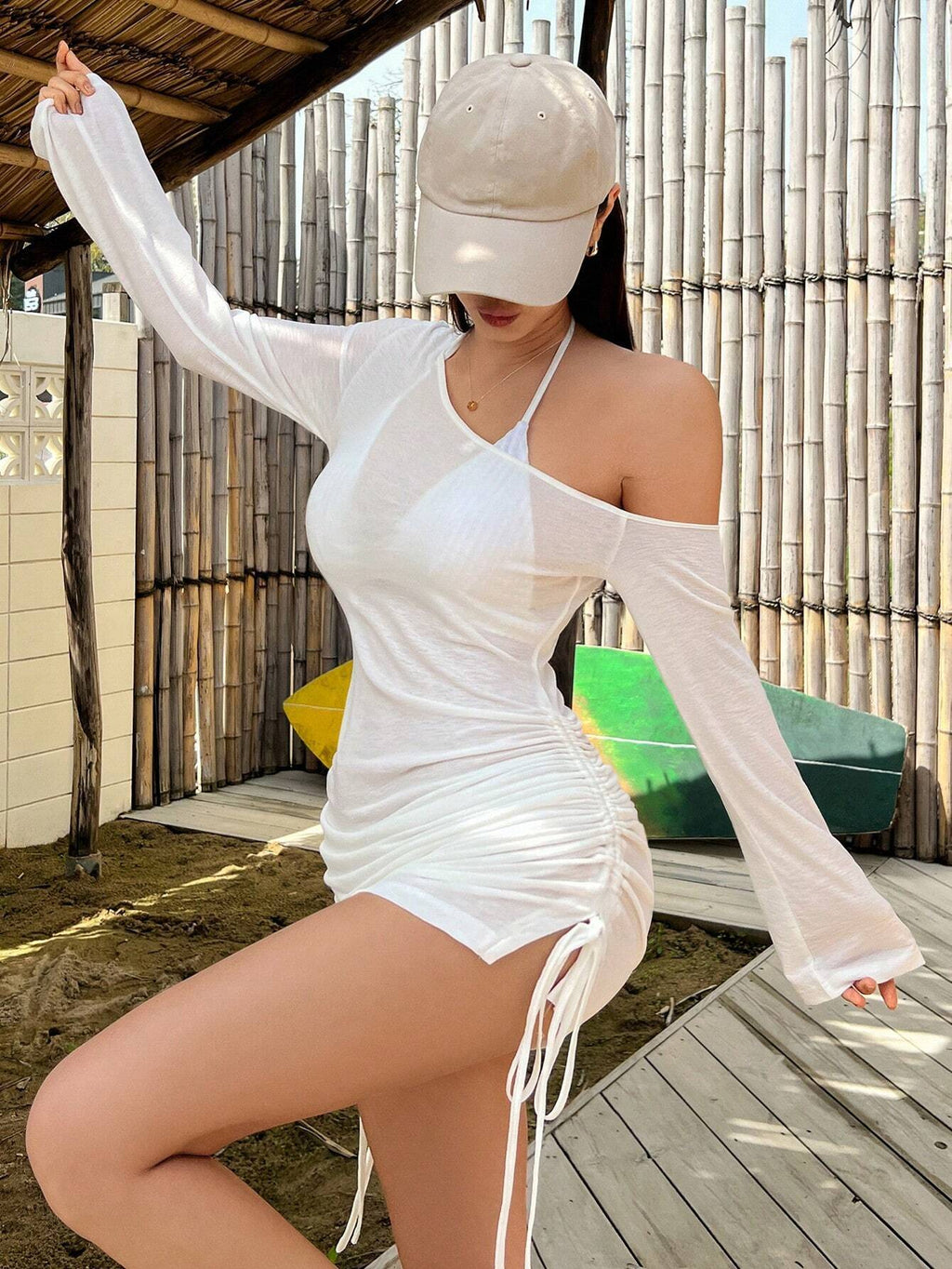 Women Mesh Shoulder slant Mini Dress Sexy See Through Chic Long Sleeve Deep Low Neck Slim Vestidos Mujer Coquette