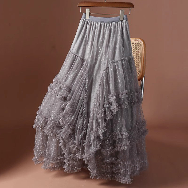 2026 Mesh Heart Printed Skirt Women Elastic High Waist Skirt Elegant Tulle A Line Ruffle Party Skirt Long Summer Saia Feminina