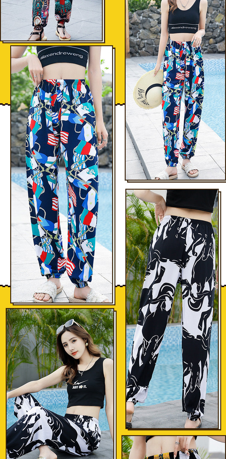 New Beach Pants for Women, Summer Cotton Silk Casual Pants, Thin Pajamas, Ethnic Style Anti-Mosquito Pants, Women's Home Bloomers