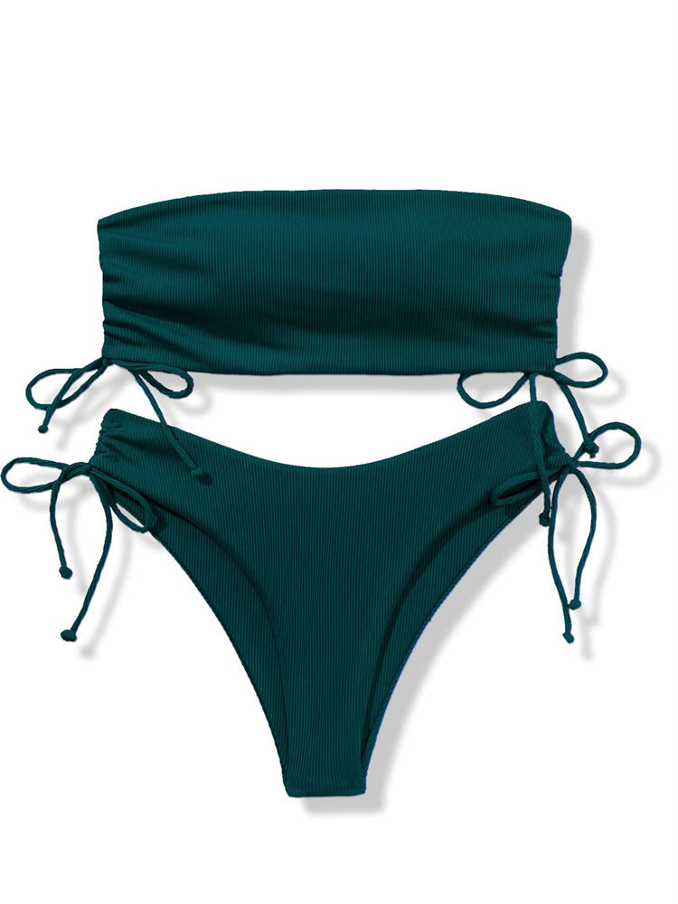 European and American Tube Top Bikini Swimsuit for Women 2024 New Pure Color Sexy Huludao Swimsuit Split Swimsuit High-End