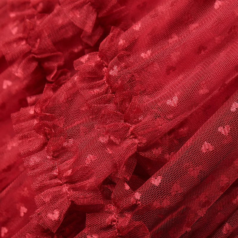 2026 Mesh Heart Printed Skirt Women Elastic High Waist Skirt Elegant Tulle A Line Ruffle Party Skirt Long Summer Saia Feminina
