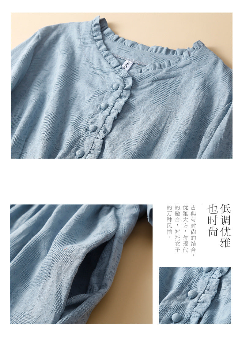 Ethnic Style Cotton and Linen Embroidered Dress Women's 2023 Summer Long Loose Style Lace Collar Short-Sleeved Over-the-Knee Long Dress