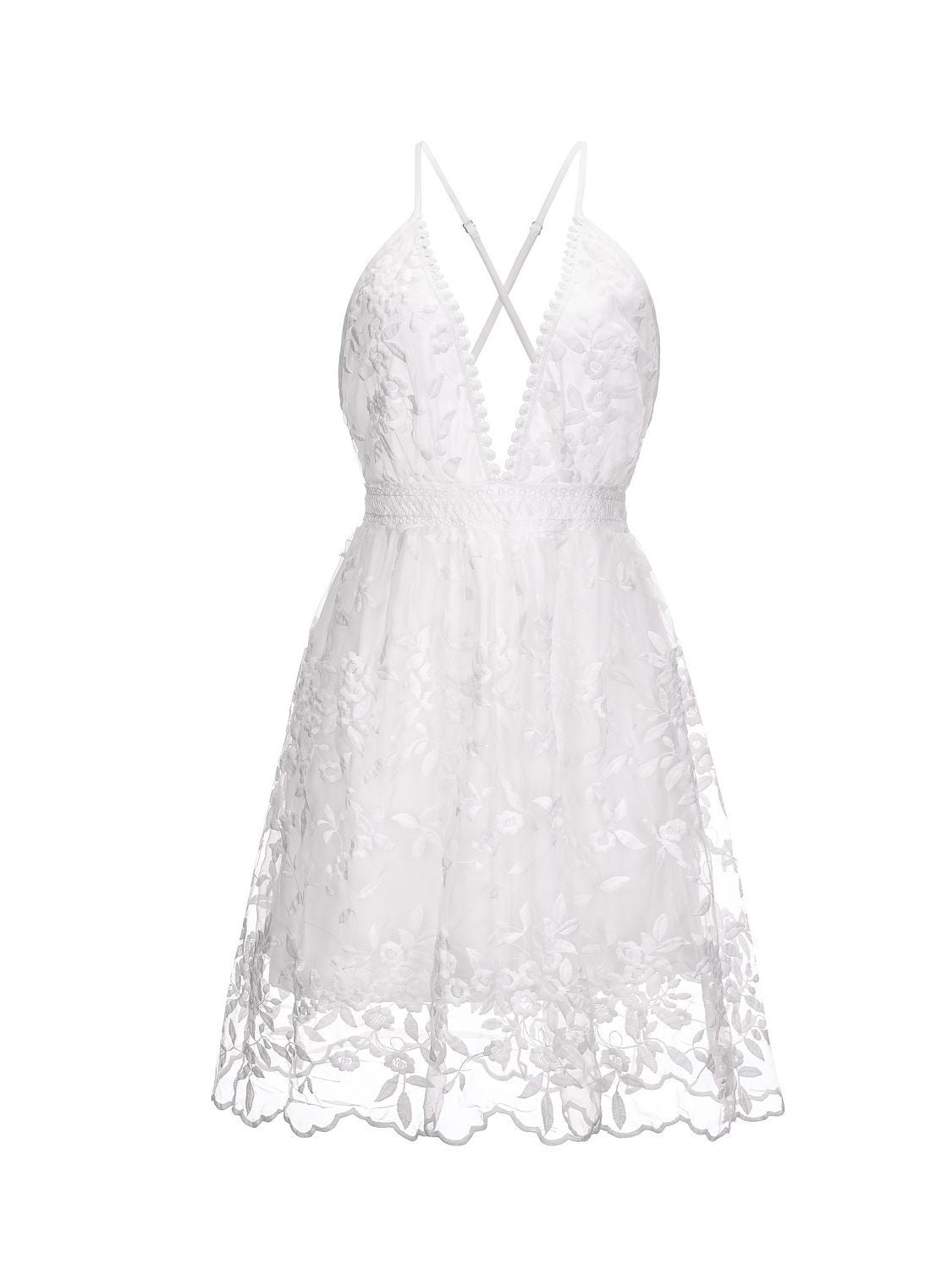 Cross-Border 2023 Summer New European and American Sexy Deep V Neck Backless Suspender Dress Amazon Lace Beach Dress