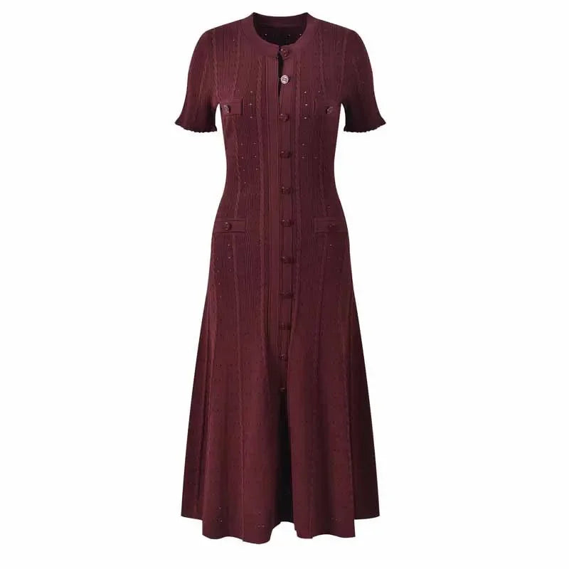 2026 New French-Style Elegant Socialite Short-Sleeve Knit Dress with Hollow-Out Ribbed Design and Single-Breasted Slim-Fit Long Dress