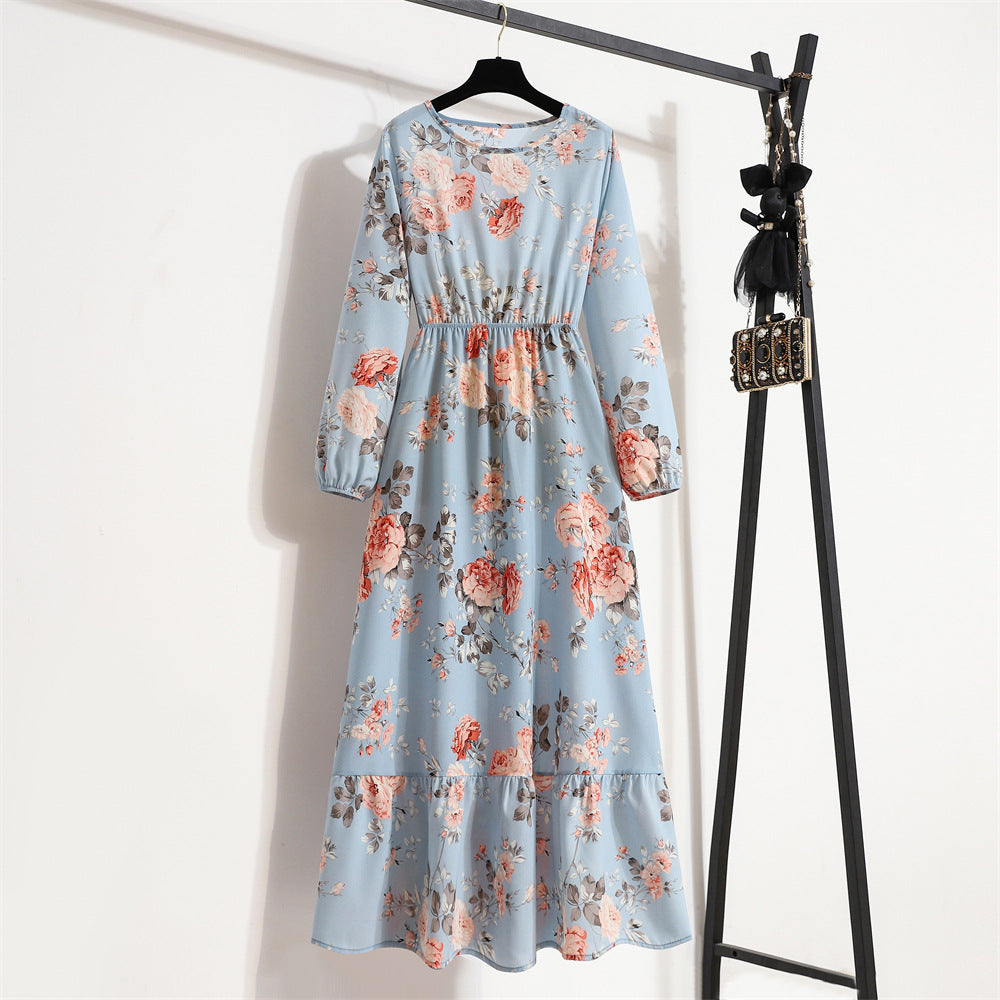 Cross-border Foreign Trade Floral Chiffon Long Dress Women's Spring Dress Long Sleeve Crewneck Base Skirt Waist Slim Long Dress