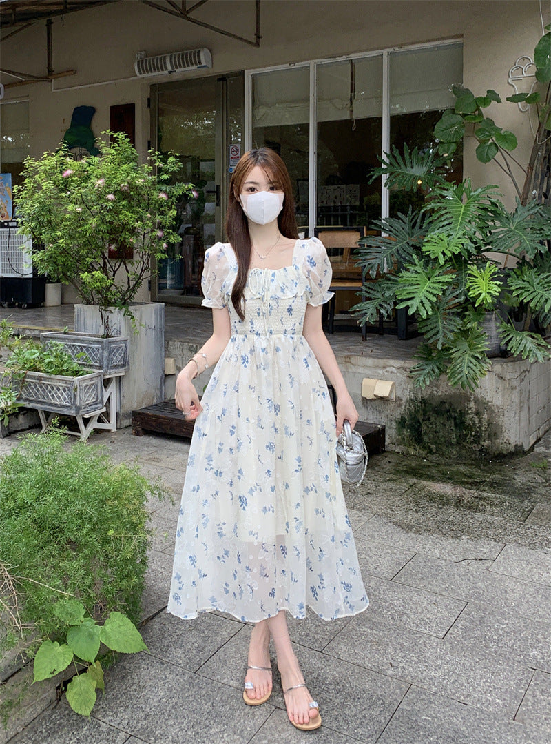 Gentle Floral Dress for Women, Summer 2026 New Chiffon Seaside Vacation First Love Dress, Puff Sleeve Long Dress