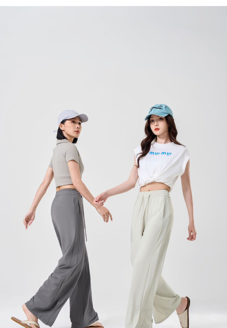 Summer Sunscreen Cool Ice Silk Wide Leg Pants Women's Lightweight Breathable Lazy Style Casual All-match Loose Slimming Straight Leg Pants