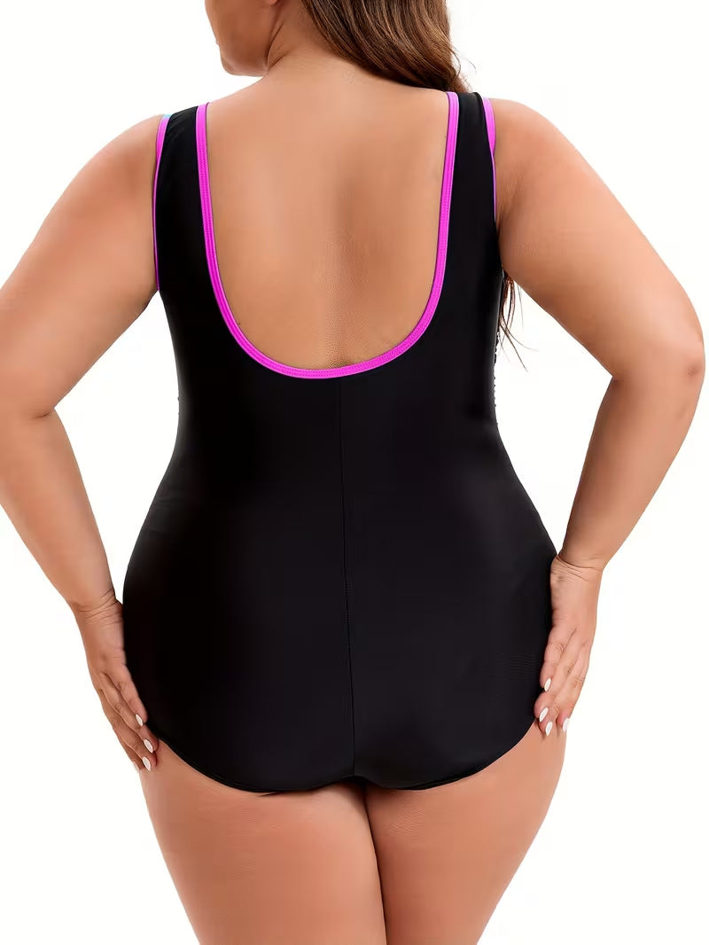One-Piece Swimsuit, European and American Style, Plus Size, Black and Blue Color-Blocking, Front Zipper, Slimming Swimsuit, Waist-Cinching, Tummy-Covering, for Plus-Size Women, Hot Spring Swimwear