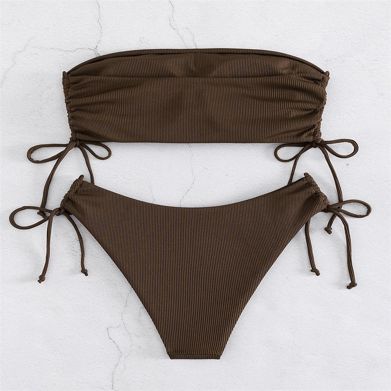 European and American Tube Top Bikini Swimsuit for Women 2024 New Pure Color Sexy Huludao Swimsuit Split Swimsuit High-End