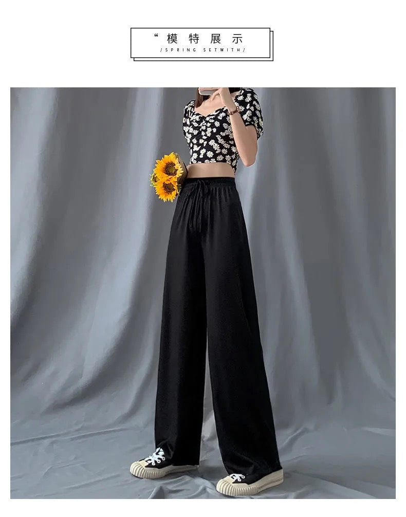 2026 Thin Ice Silk Wide-Leg Pants for Women, Summer Student Korean Style, Drapey Loose Fit, Versatile High-Waisted Elastic Thin Straight-Leg Pants
