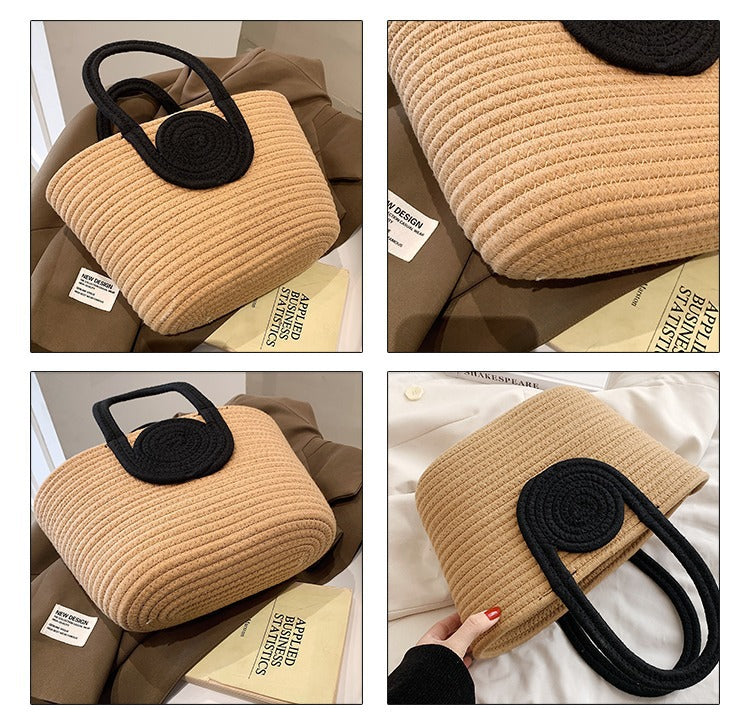 Contrast Cotton Rope Woven Handbag Women's Bag Korean Style Bag New Large Capacity Stylisse Handbag All-match Tote Bag