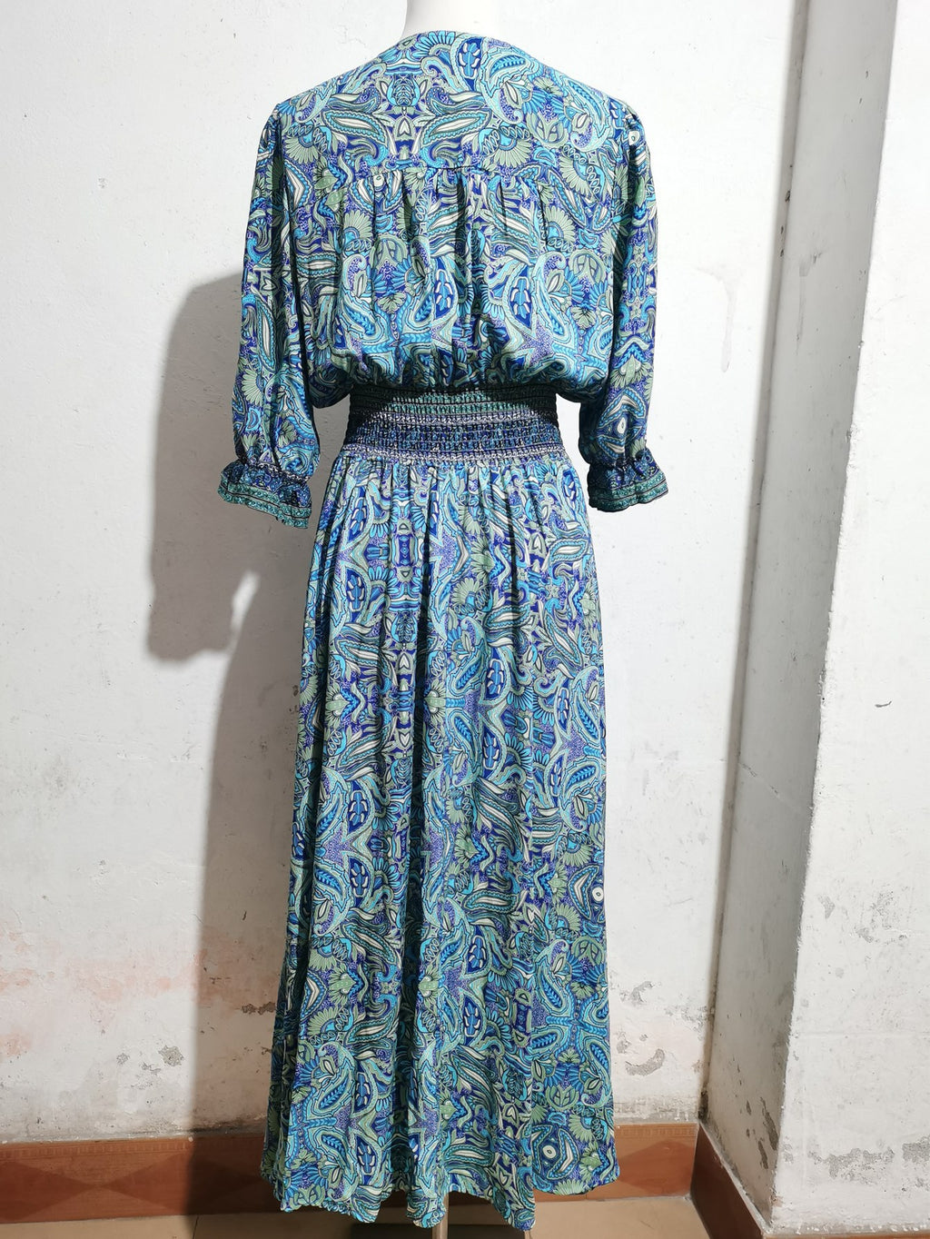 2025 Rayon Positioning Printed Three-Quarter Sleeve Waist Bohemian Women's Dress Vacation Buttoned Beach Skirt