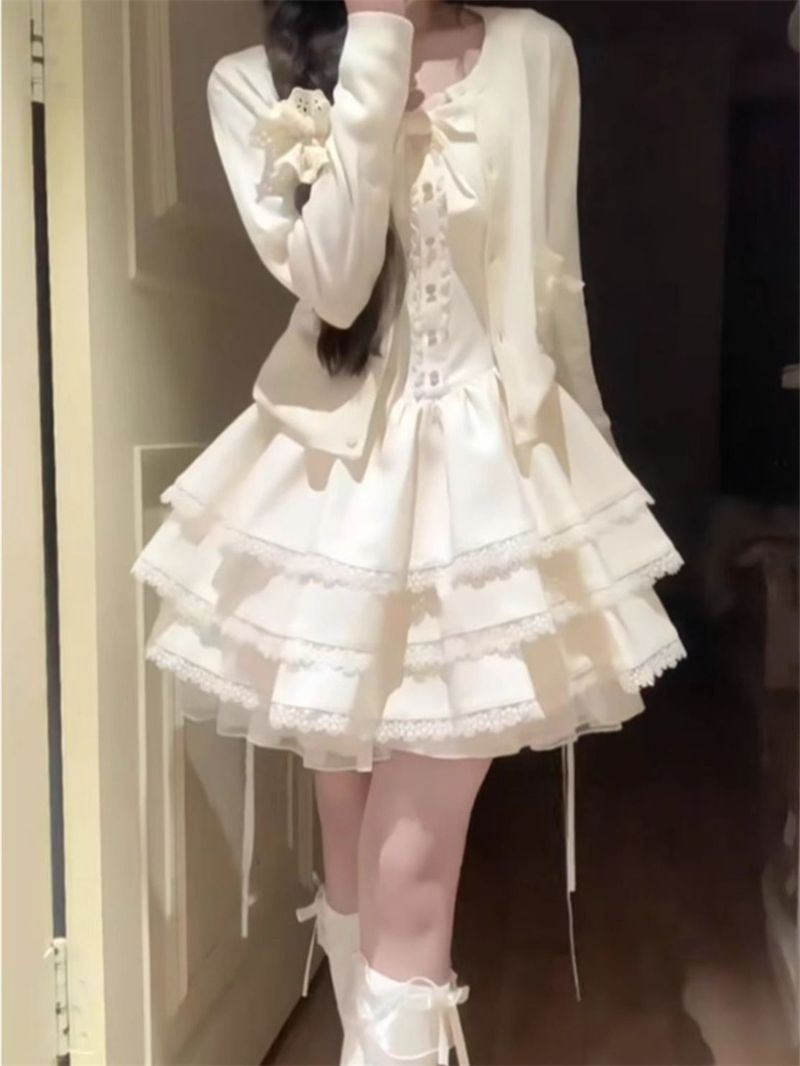 Early Spring Outfit for Petite Women: Pure and Desirable Style, High-End Cardigan Jacket, Puffy Cake Dress Two-Piece Set