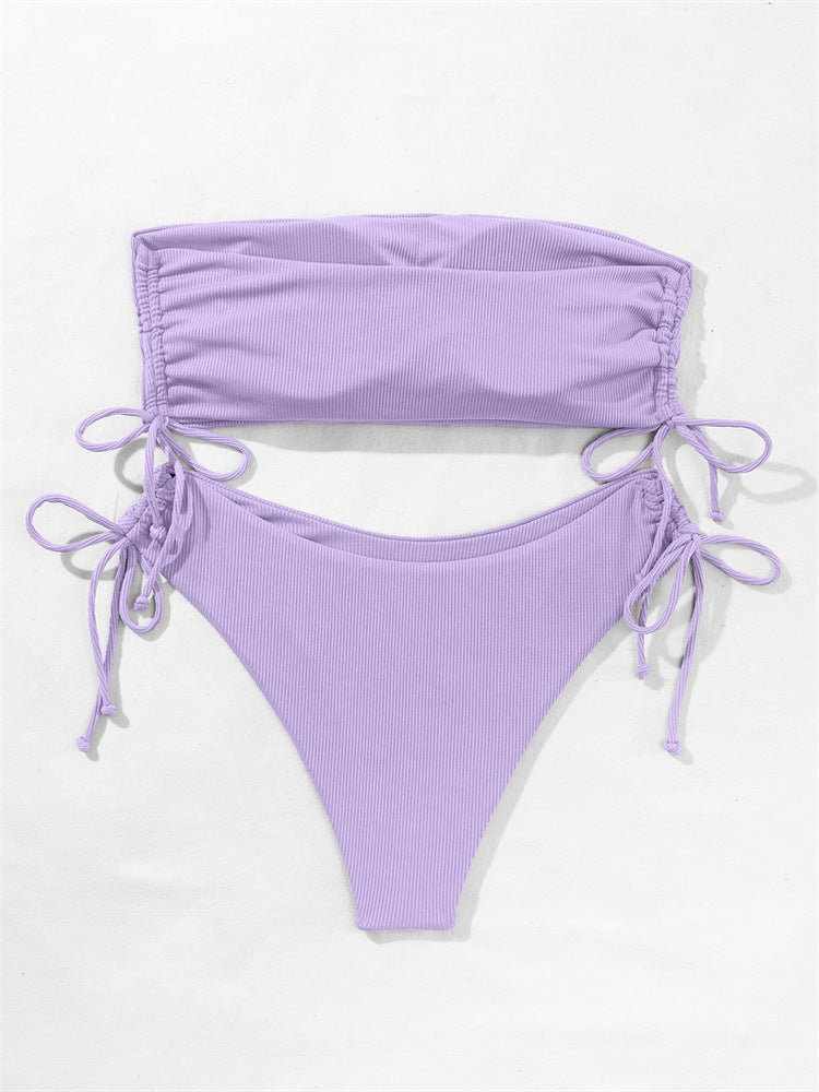 European and American Tube Top Bikini Swimsuit for Women 2024 New Pure Color Sexy Huludao Swimsuit Split Swimsuit High-End