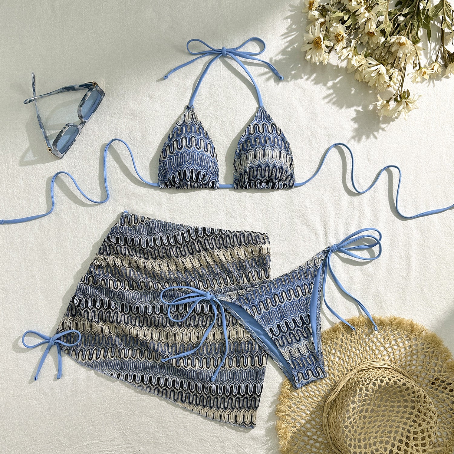 2025 European and American New Embroidered Gradient Sexy Three-Piece Swimsuit Swimsuit Bikini Bikini Cross-Border Export