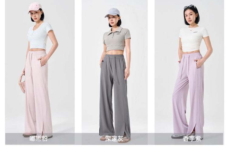 Summer Sunscreen Cool Ice Silk Wide Leg Pants Women's Lightweight Breathable Lazy Style Casual All-match Loose Slimming Straight Leg Pants